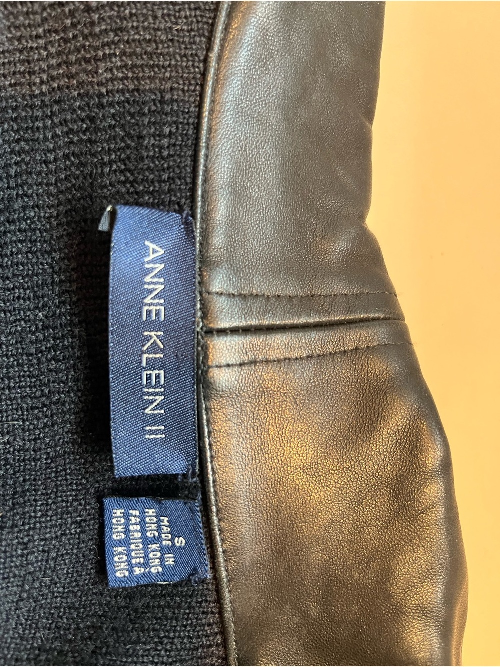 Vintage Anne Klein II Black Leather-Front Double-Breasted Jacket w/ wool sleeves - Picture 11 of 16